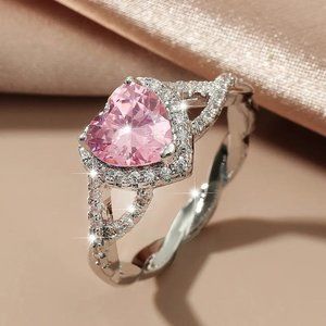 New Pink Heart Shaped & White Cubic Zirconia SIlver Love Ring Szs 6 & 7